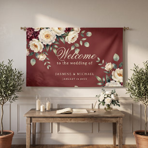 Watercolor Burgundy White Peony Wedding Welcome Banner
