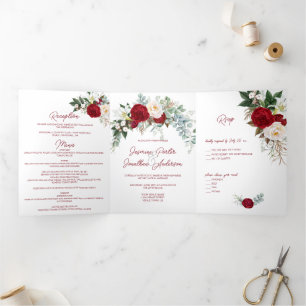 Watercolor Burgundy & White Roses, Lily, W/Menu T Tri-Fold Invitation