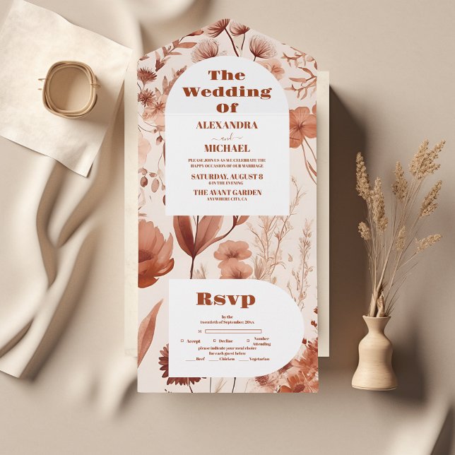  Watercolor  Burgundy Wildflowers Wedding All In One Invitation (Creator Uploaded)