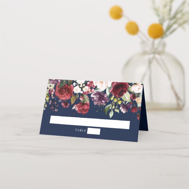 Watercolor Burgundy Wine Blush Floral Navy Place Card (Front)