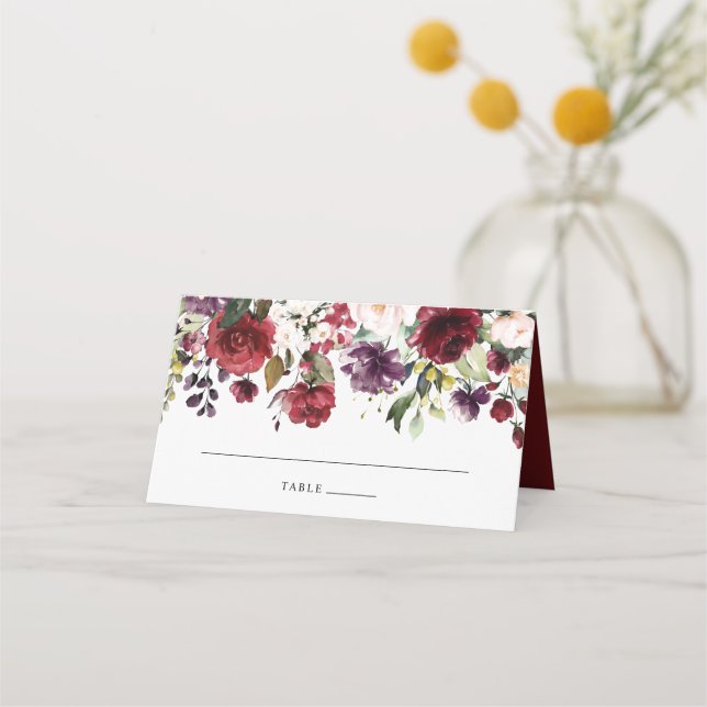 Watercolor Burgundy Wine Blush Floral Place Card (Front)
