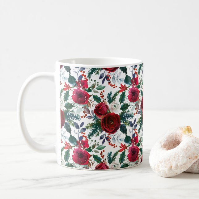 Watercolor Burgundy Winter Flowers Christmas Coffee Mug (With Donut)