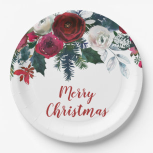 Watercolor Burgundy Winter Flowers Christmas Paper Plate