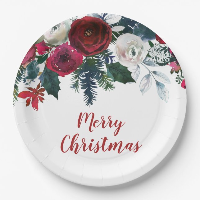 Watercolor Burgundy Winter Flowers Christmas Paper Plate (Front)