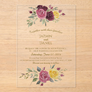 Watercolor Burgundy Yellow Roses Gold Acrylic Invitations