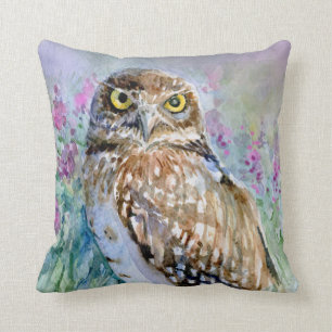 Watercolor Burrowing owl Athene cunicularia Cushion