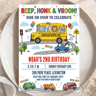 Watercolor Bus 2nd Birthday Animal Party Transport Invitation