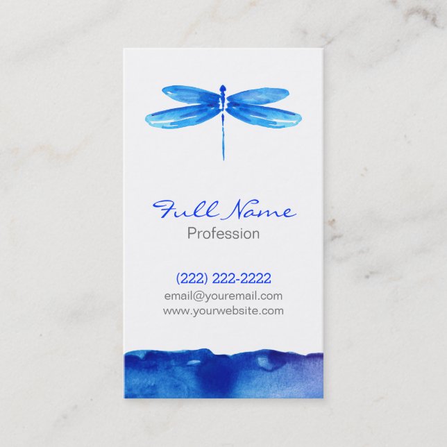 Watercolor Business Card, Blue Dragonfly Modern Card (Front)