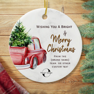 Watercolor Business logo Christmas Red Green Truck Ceramic Tree Decoration