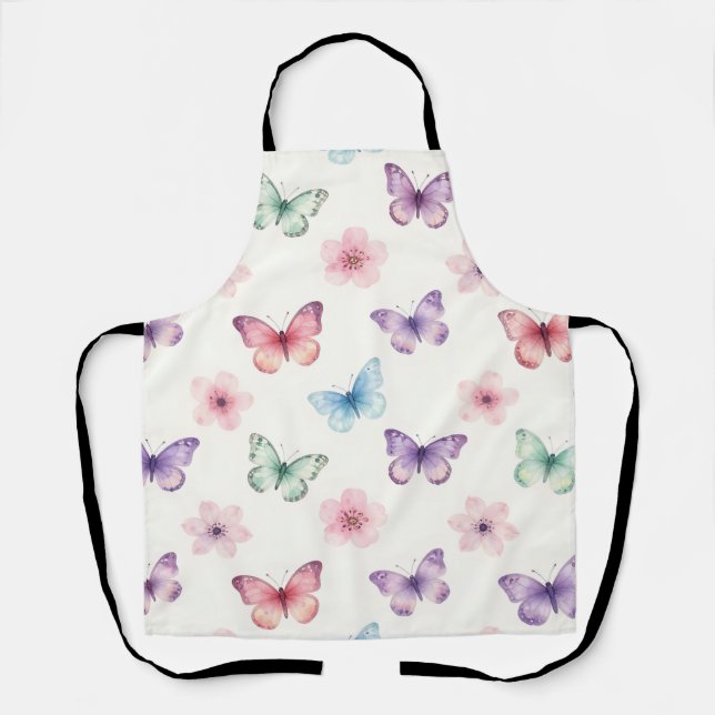 Watercolor Butterflies Cherry Blossoms Pattern Apron (Front)