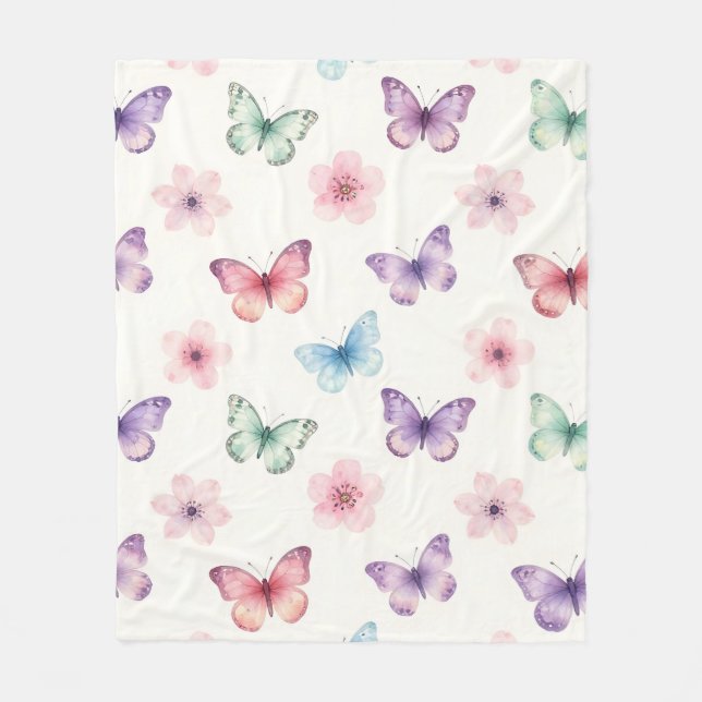 Watercolor Butterflies Cherry Blossoms Pattern Fleece Blanket (Front)
