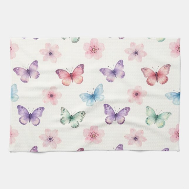 Watercolor Butterflies Cherry Blossoms Pattern Tea Towel (Horizontal)