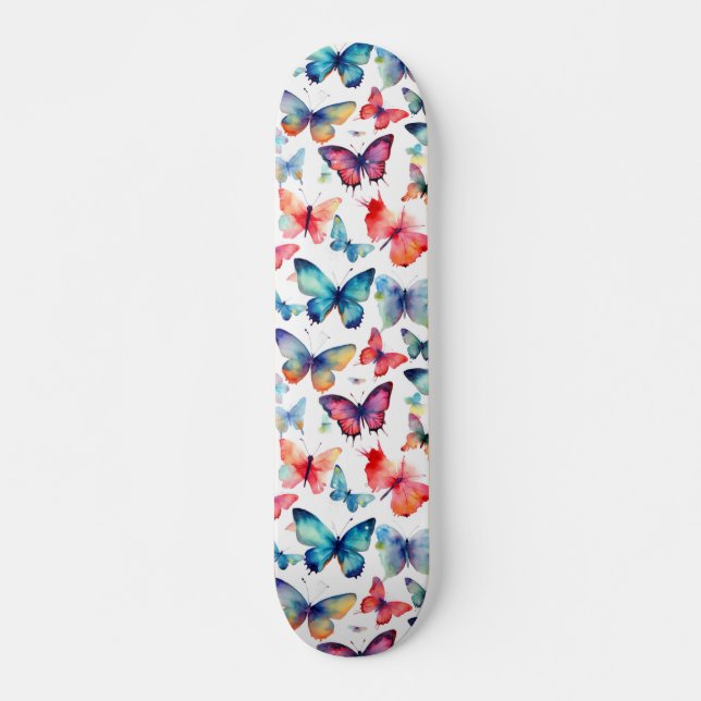 Watercolor Butterflies Colorful Nature Pattern Skateboard (Front)