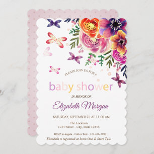 Watercolor Butterflies Dots Floral Baby Shower  Invitation