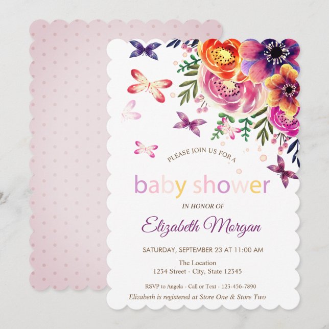 Watercolor Butterflies Dots Floral Baby Shower  Invitation (Front/Back)