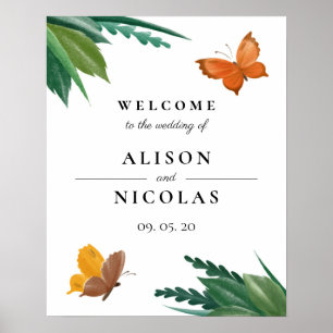 Watercolor Butterflies Green Foliage Wedding Poster