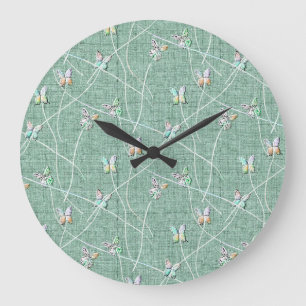 Watercolor Butterflies on Mint Green Large Clock