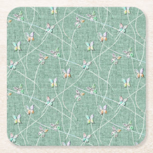 Watercolor  Butterflies on Mint Green  Square Paper Coaster