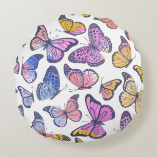 Watercolor Butterflies: Pastel Vintage Pattern. Round Cushion