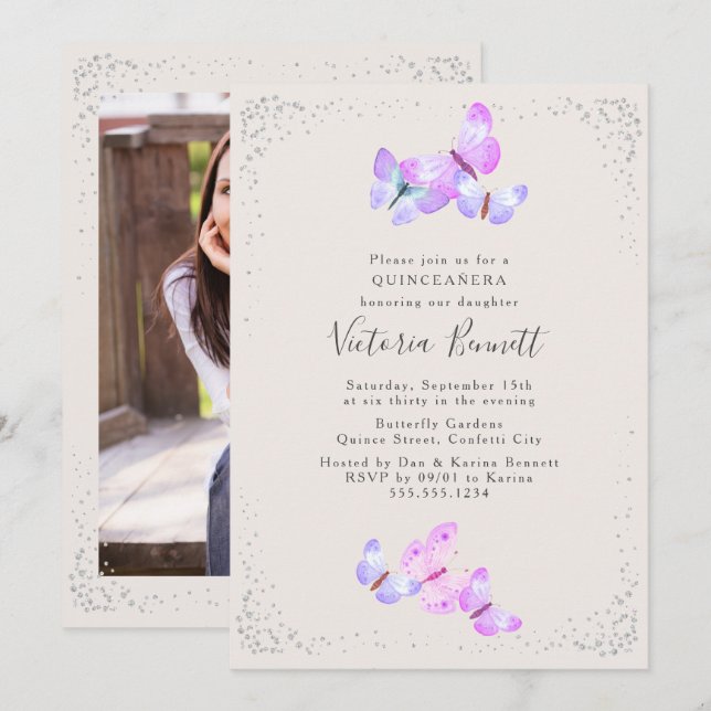 Watercolor Butterflies Portrait Photo Quinceanera Invitation (Front/Back)