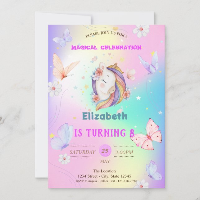 Watercolor Butterflies Unicorn Holographic  Invitation (Front)