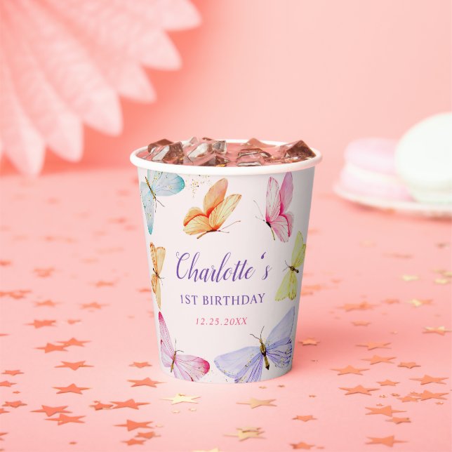 Watercolor Butterfly 1st Birthday  Paper Cups (Insitu)