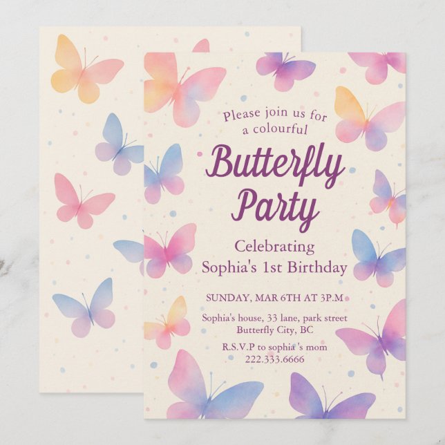 Watercolor Butterfly 1st Birthday Party Invitation (Front/Back)