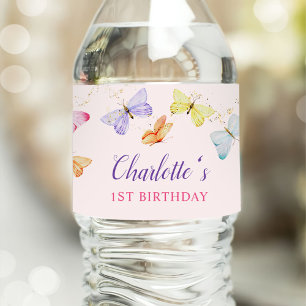 Watercolor Butterfly 1st Birthday  Water Bottle Label