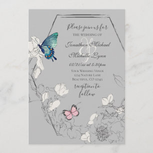 Watercolor Butterfly and Flower Geometric Wedding Invitation
