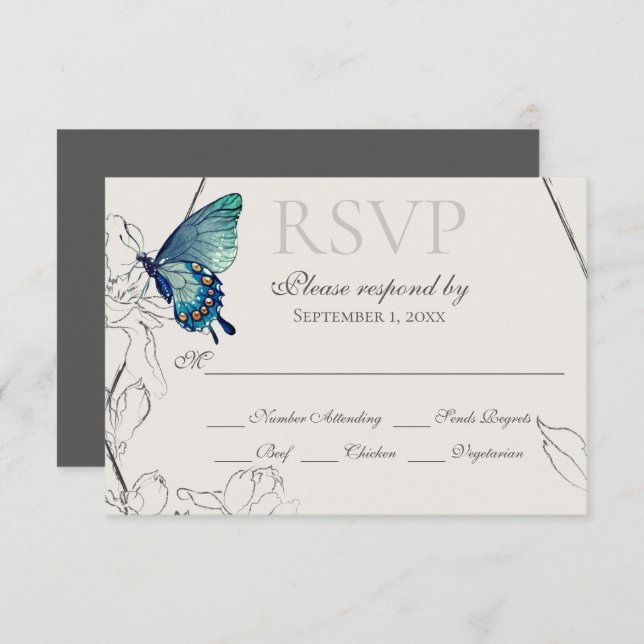 Watercolor Butterfly and Flower Geometric Wedding RSVP Card (Front/Back)