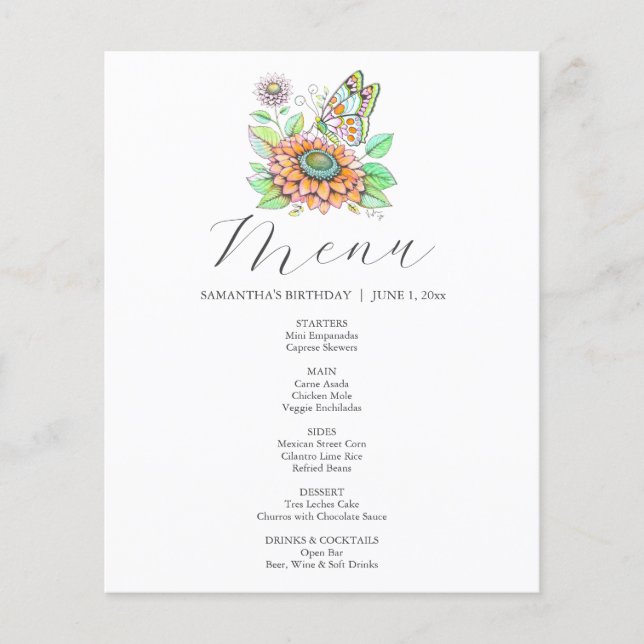 Watercolor Butterfly and Flower Menu (Front)