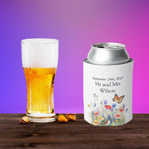 Watercolor Butterfly and Wildflowers Wedding  Can Cooler