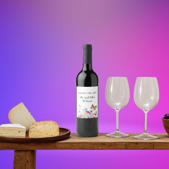 Watercolor Butterfly and Wildflowers Wedding  Wine Label (Creator Uploaded)