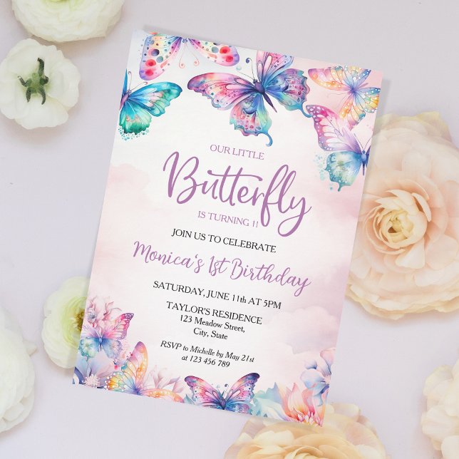 Watercolor Butterfly Baby Girl's 1st Birthday  Invitation (Creator Uploaded)