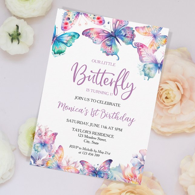 Watercolor Butterfly Baby Girl's 1st Birthday  Invitation (Creator Uploaded)