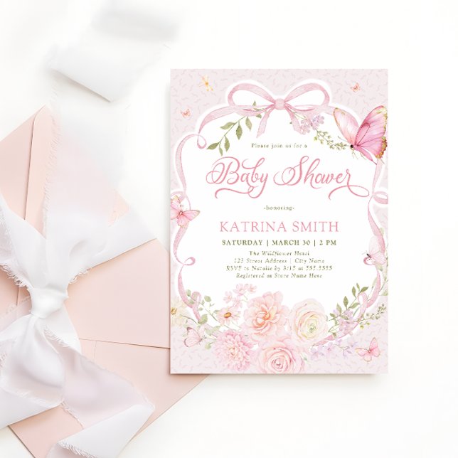 Watercolor Butterfly Baby Shower Girl Pink Flower Invitation (Creator Uploaded)