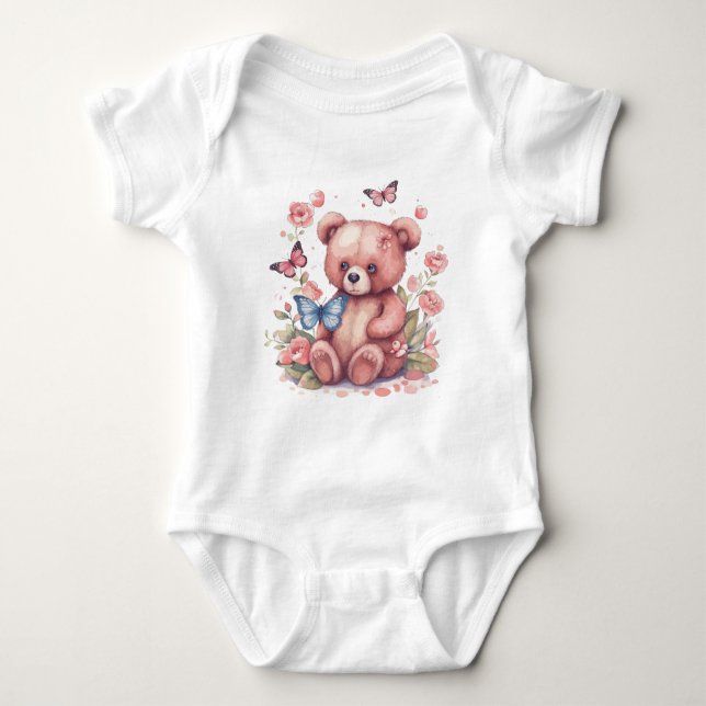 Watercolor Butterfly Bear Baby Bodysuit (Front)