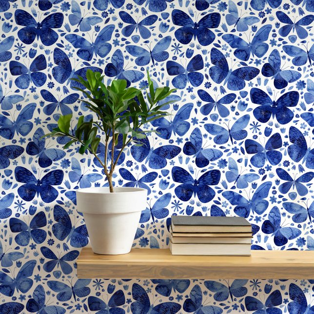 Watercolor Butterfly Blue and White Art Wallpaper (Blue and white watercolor butterfly pattern peel and stick art wallpaper)