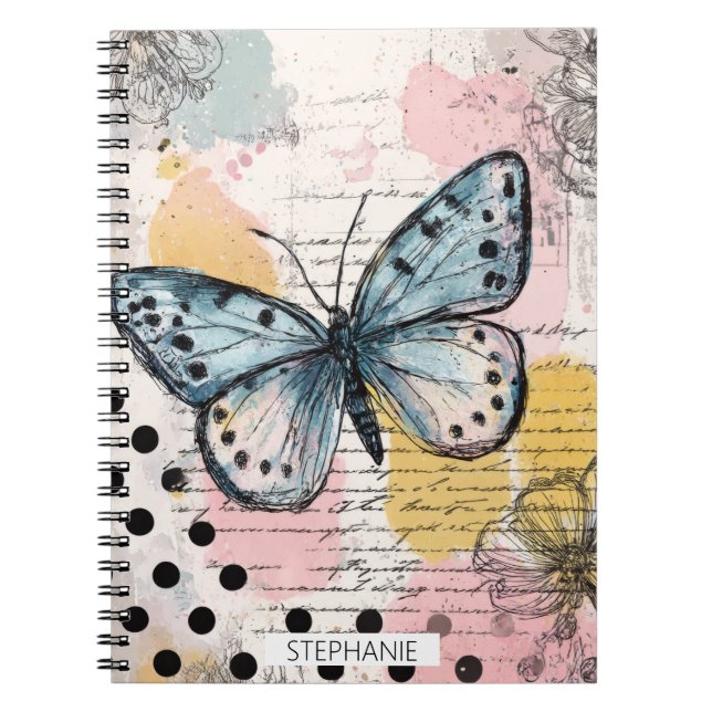 Watercolor Butterfly Blue Boho Nature Art Notebook (Front)
