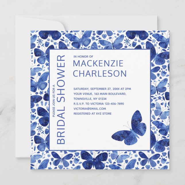 Watercolor Butterfly Blue Bridal Shower Invitation (Front)
