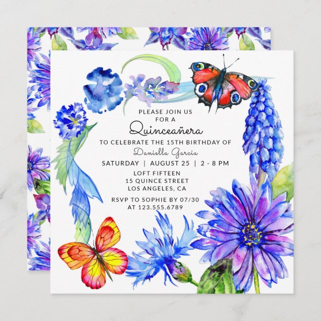 Watercolor Butterfly Blue Floral Chic Quinceañera Invitation (Front/Back)