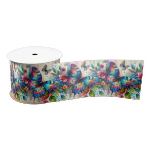 Watercolor Butterfly Floral Blue Pink Flowers Satin Ribbon