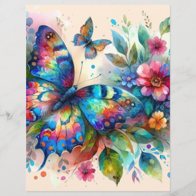 Watercolor Butterfly Floral Flower Scrapbook Paper (Front)