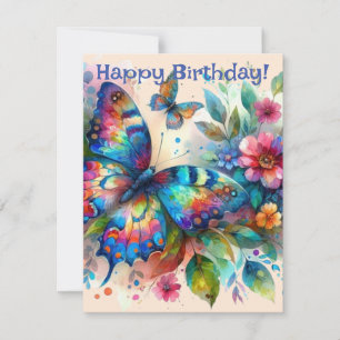 Watercolor Butterfly Floral Flowers Birthday Card