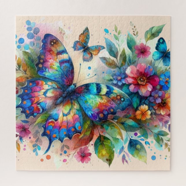Watercolor Butterfly Floral Flowers Blue Pink Jigsaw Puzzle (Vertical)