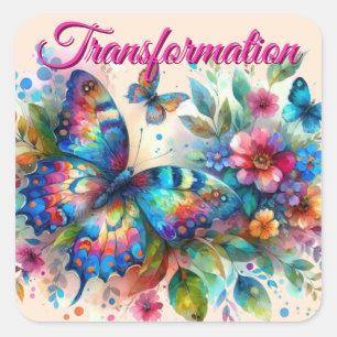 Watercolor Butterfly Floral Flowers Blue Pink Square Sticker