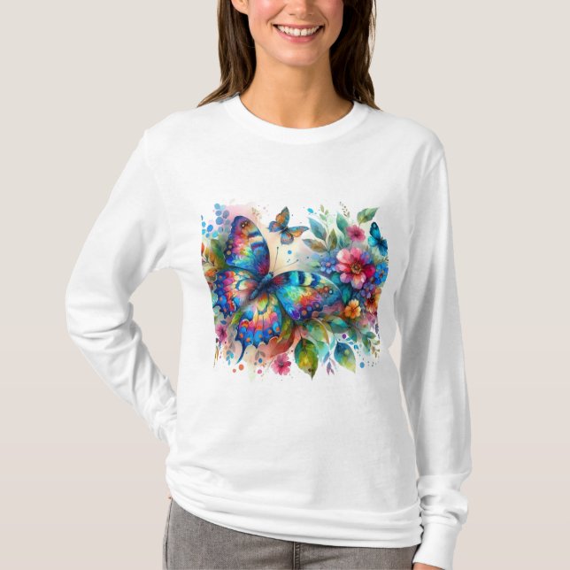 Watercolor Butterfly Floral Flowers Blue Pink T-Shirt (Front)
