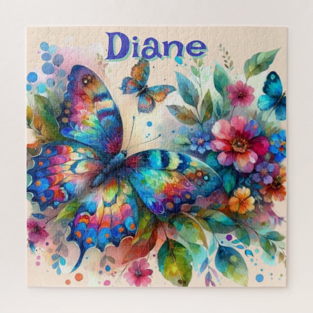 Watercolor Butterfly Floral Garden Personalised Jigsaw Puzzle (Vertical)
