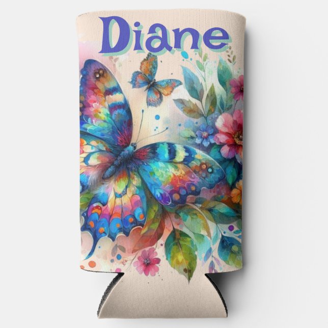 Watercolor Butterfly Floral Garden Personalised Seltzer Can Cooler (Front)