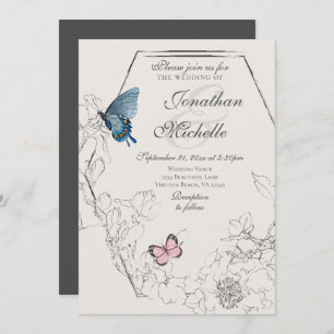 Watercolor Butterfly Floral Geometric Wedding Invitation